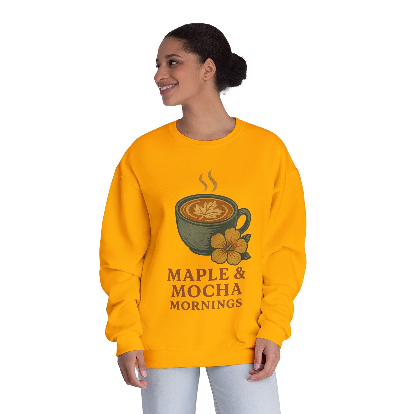 Cozy Coffee Sweatshirt - Maple & Mocha Mornings Unisex Crewneck, Warm Gift for Coffee Lovers, Casual Fall Fashion, Weekend Relaxation