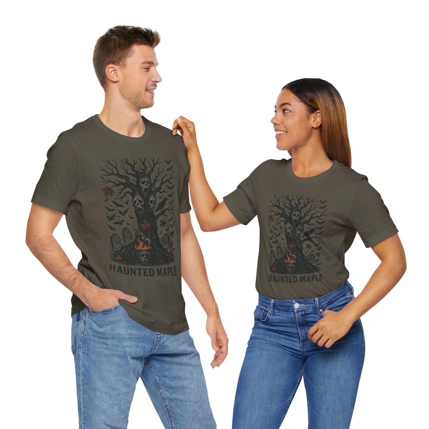 Haunted Maple Tee - Unisex Jersey Short Sleeve T-Shirt for Fall, Halloween, Spooky Vibe, Ghost Lovers, Unique Gift