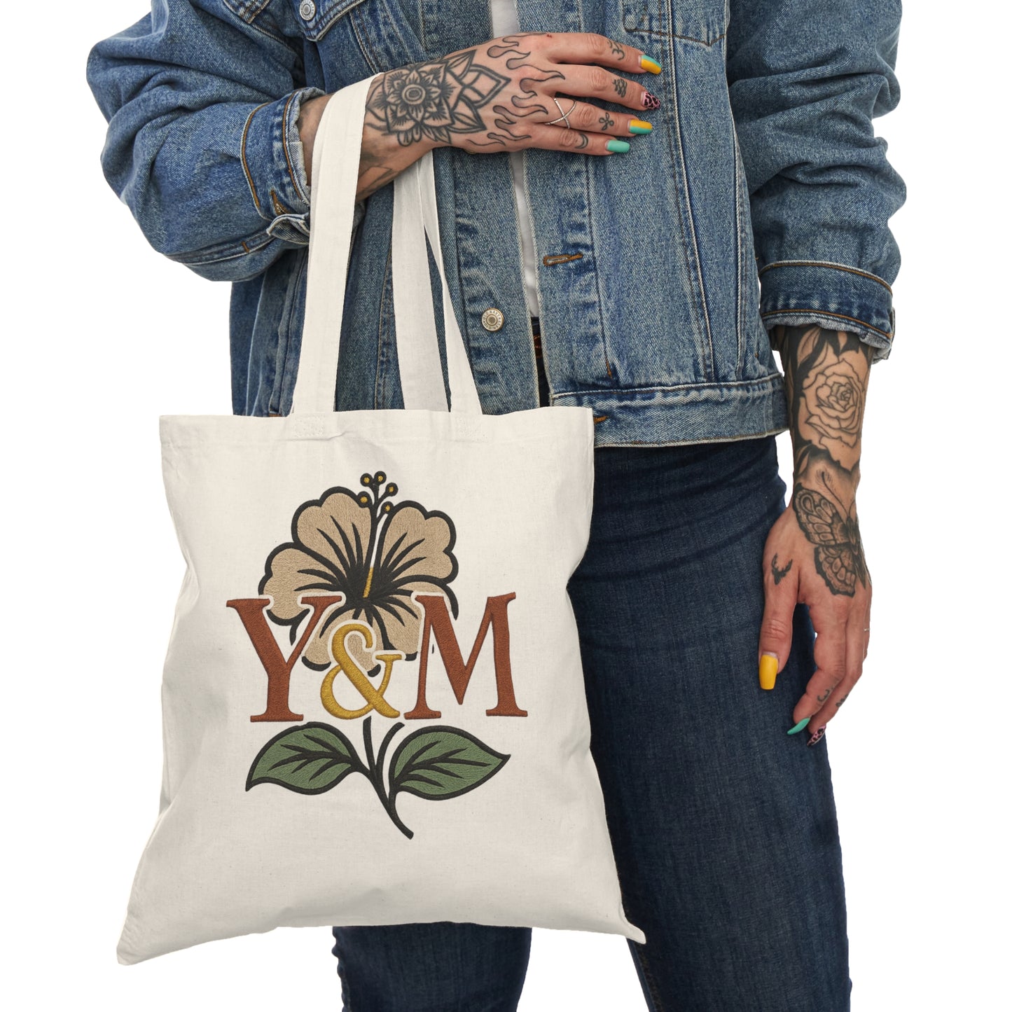 Natural Floral Tote Bag with Y&M Monogram, Eco-Friendly Grocery Bag, Gift for Her, Boho Style, Reusable Shopping Bag