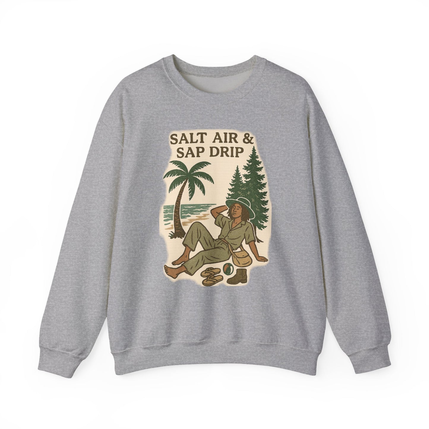 Cozy Beach Vibes Sweatshirt - Salt Air & Sap Drip Unisex Crewneck, Summer Casual Wear, Gift for Nature Lovers, Beach Trip Essentials