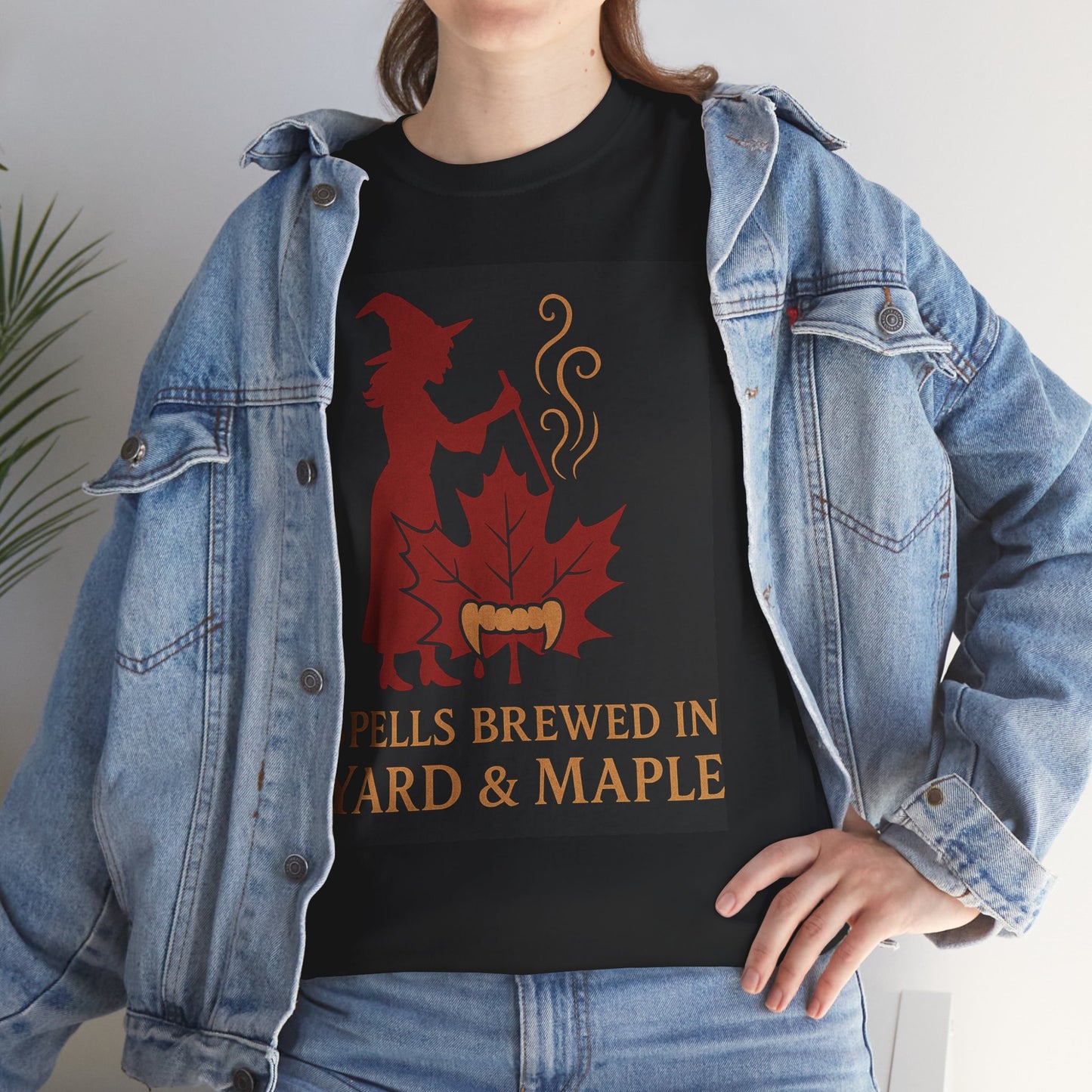 Witchy Autumn T-Shirt - Spells Brewed in Yard & Maple, Halloween Apparel, Cozy Graphic Tee, Gift for Witches, Fall Fashion