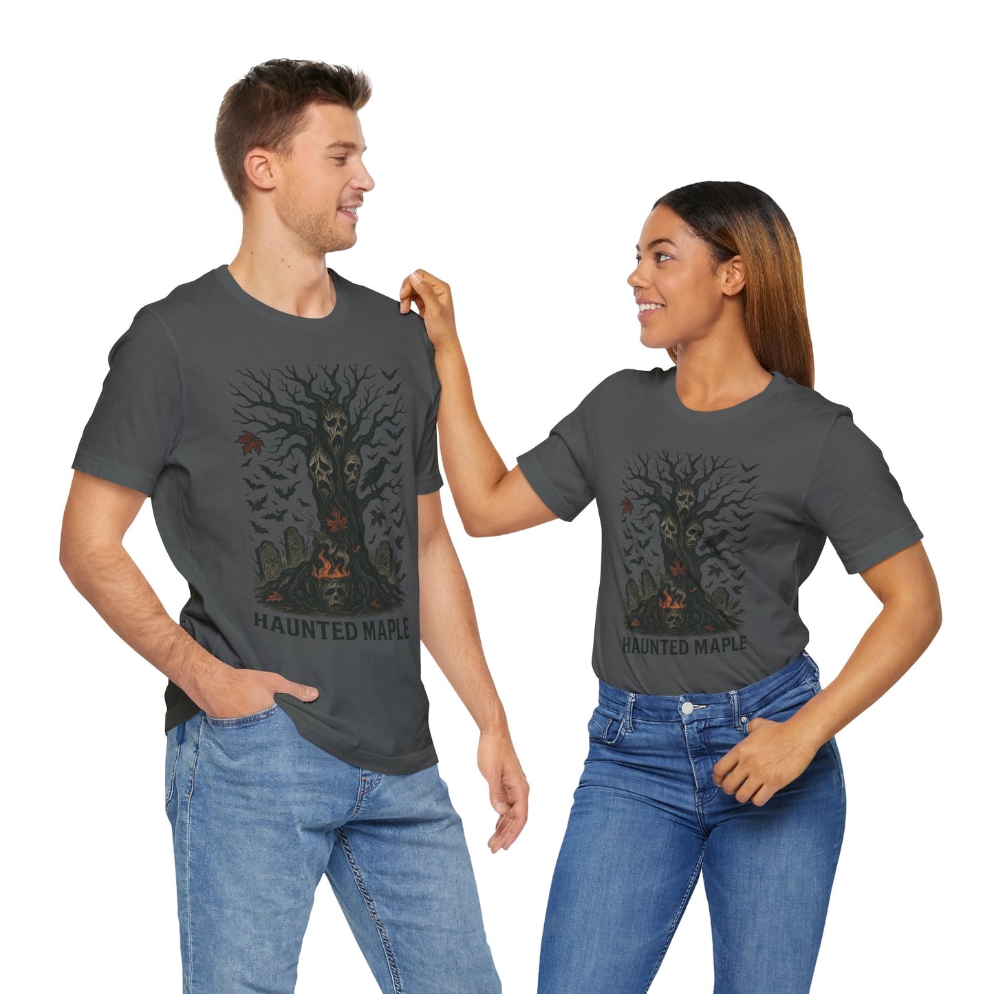 Haunted Maple Tee - Unisex Jersey Short Sleeve T-Shirt for Fall, Halloween, Spooky Vibe, Ghost Lovers, Unique Gift