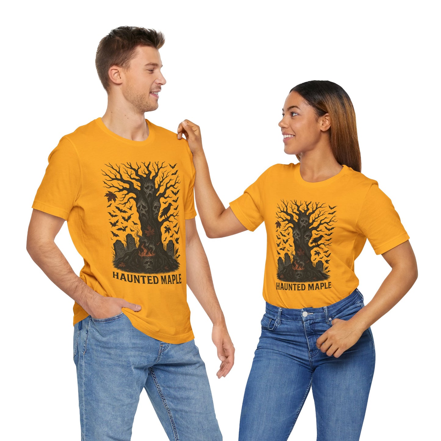 Haunted Maple Tee - Unisex Jersey Short Sleeve T-Shirt for Fall, Halloween, Spooky Vibe, Ghost Lovers, Unique Gift