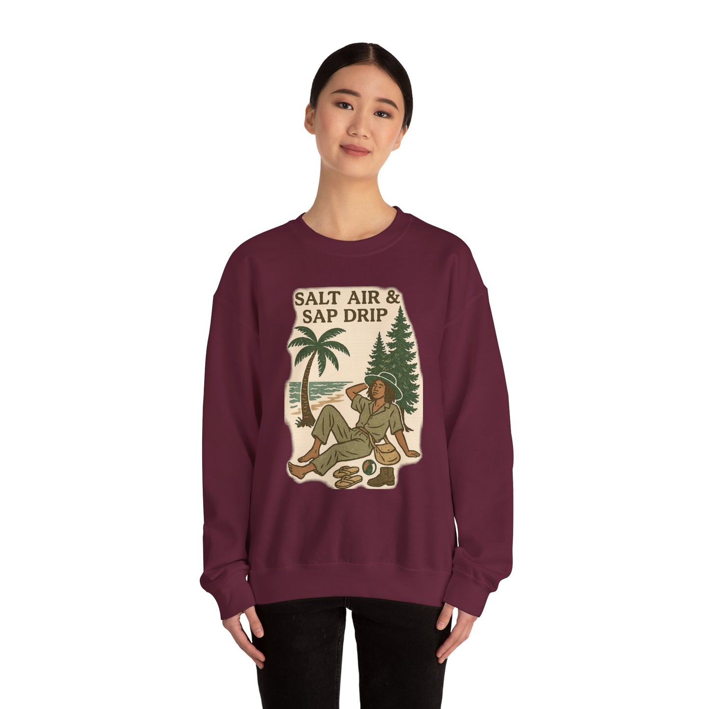 Cozy Beach Vibes Sweatshirt - Salt Air & Sap Drip Unisex Crewneck, Summer Casual Wear, Gift for Nature Lovers, Beach Trip Essentials