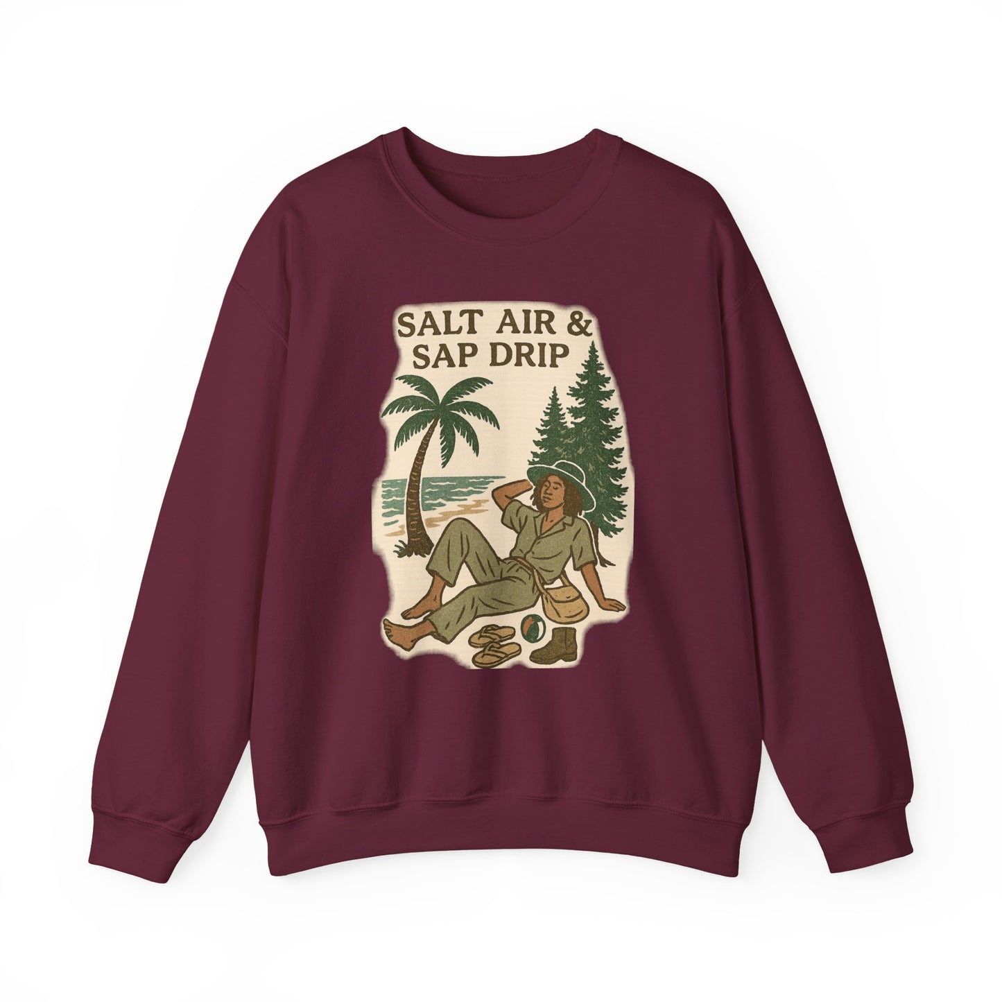 Cozy Beach Vibes Sweatshirt - Salt Air & Sap Drip Unisex Crewneck, Summer Casual Wear, Gift for Nature Lovers, Beach Trip Essentials