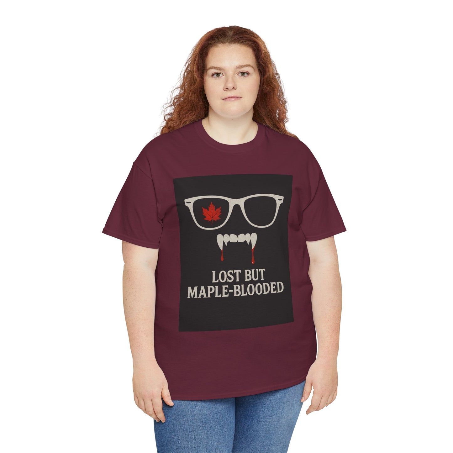 Unisex Heavy Cotton Tee with Vampire Design - Lost but Maple-Blooded Shirt for Halloween, Casual Wear, Gifts, Spooky Season, Unique Fashion