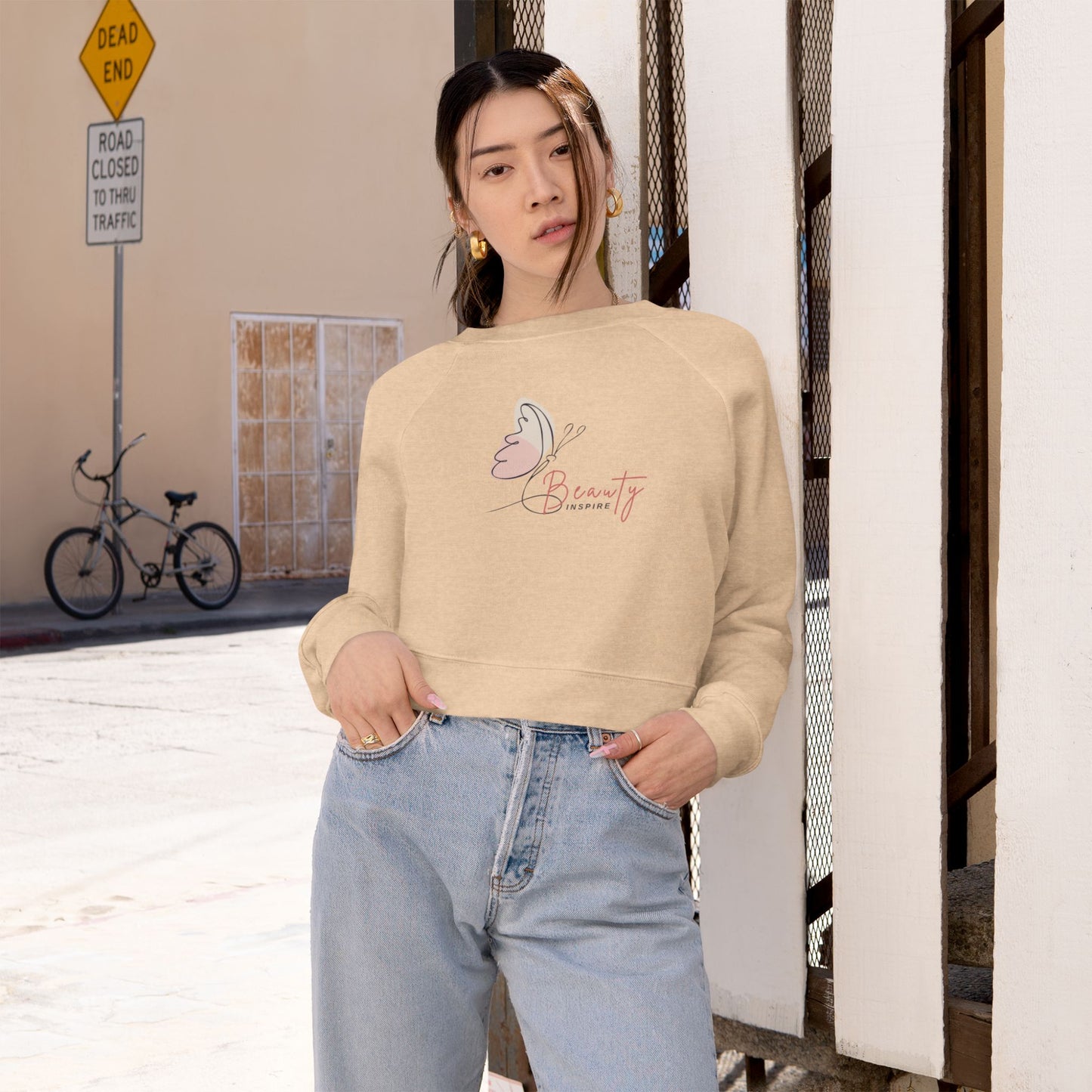 Women's Fleece Crop Pullover - Butterfly Design, Cozy Sweatshirt, Spring Fashion, Gift for Her, Casual Wear, Cute Layering Piece