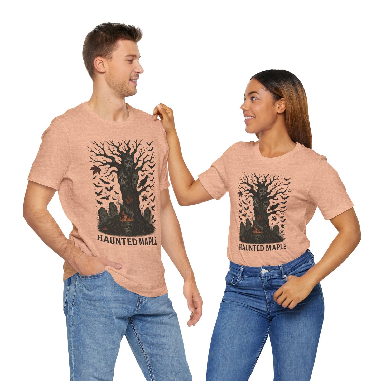 Haunted Maple Tee - Unisex Jersey Short Sleeve T-Shirt for Fall, Halloween, Spooky Vibe, Ghost Lovers, Unique Gift