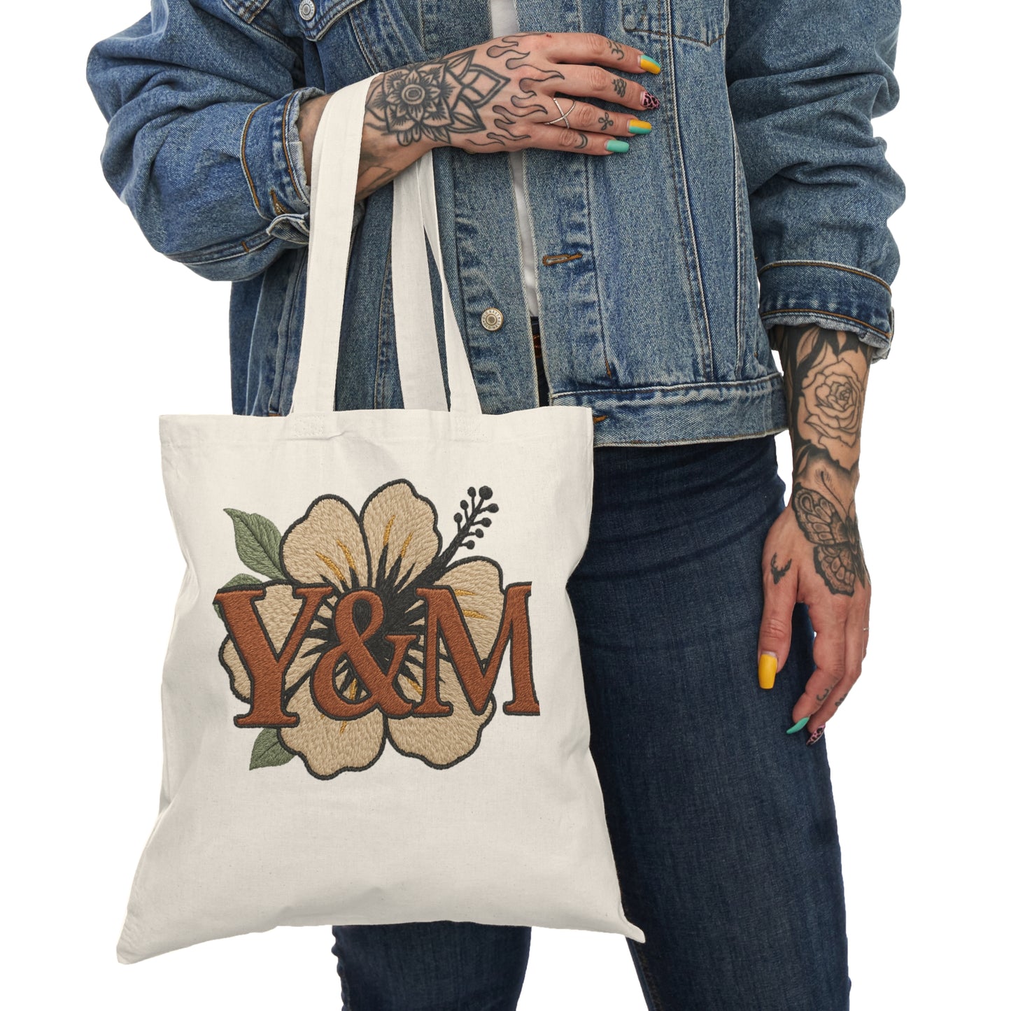 Natural Floral Tote Bag, Eco-Friendly Shopping Bag, Monogram Canvas Tote, Beach Bag, Gift for Her, Spring Decor