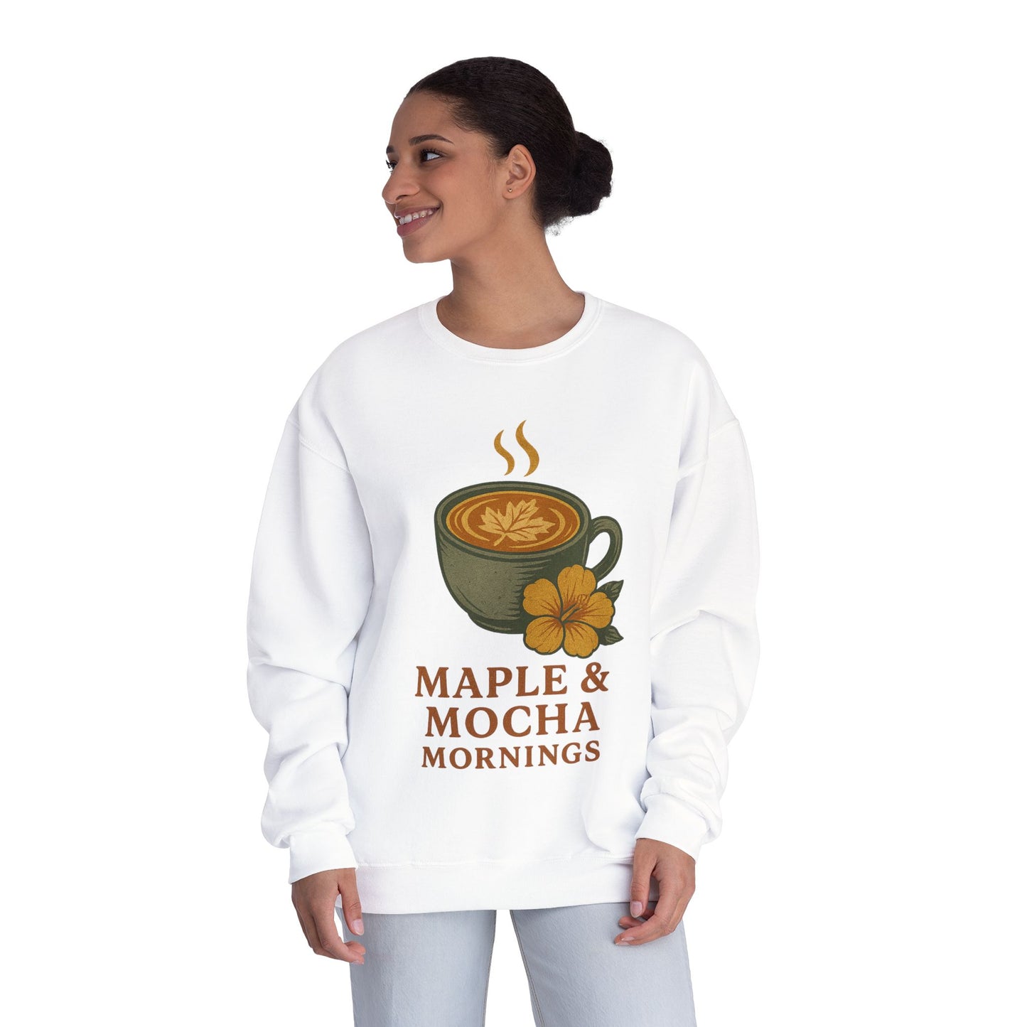 Cozy Coffee Sweatshirt - Maple & Mocha Mornings Unisex Crewneck, Warm Gift for Coffee Lovers, Casual Fall Fashion, Weekend Relaxation