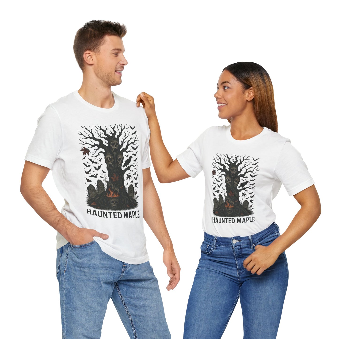 Haunted Maple Tee - Unisex Jersey Short Sleeve T-Shirt for Fall, Halloween, Spooky Vibe, Ghost Lovers, Unique Gift