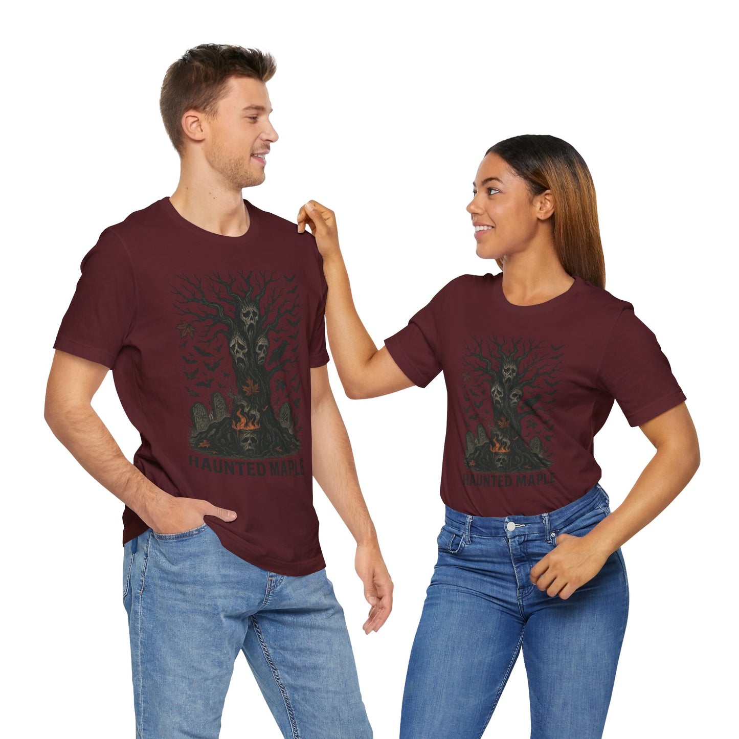 Haunted Maple Tee - Unisex Jersey Short Sleeve T-Shirt for Fall, Halloween, Spooky Vibe, Ghost Lovers, Unique Gift