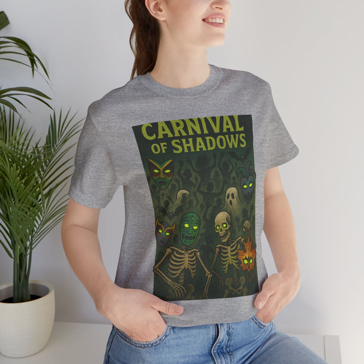 Carnival of Shadows Graphic Tee, Spooky Halloween Shirt, Unisex T-Shirt, Fun Autumn Wear, Perfect for Parties, Horror Lovers Clothing