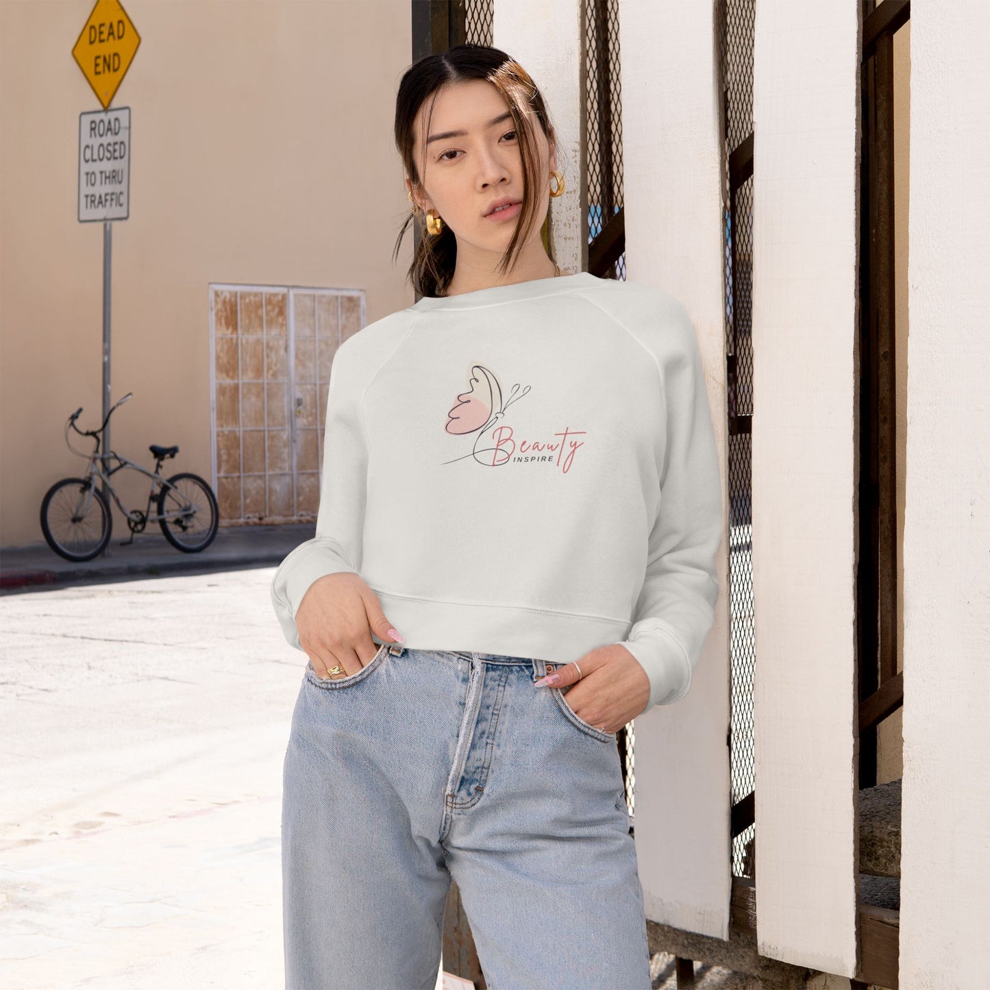 Women's Fleece Crop Pullover - Butterfly Design, Cozy Sweatshirt, Spring Fashion, Gift for Her, Casual Wear, Cute Layering Piece