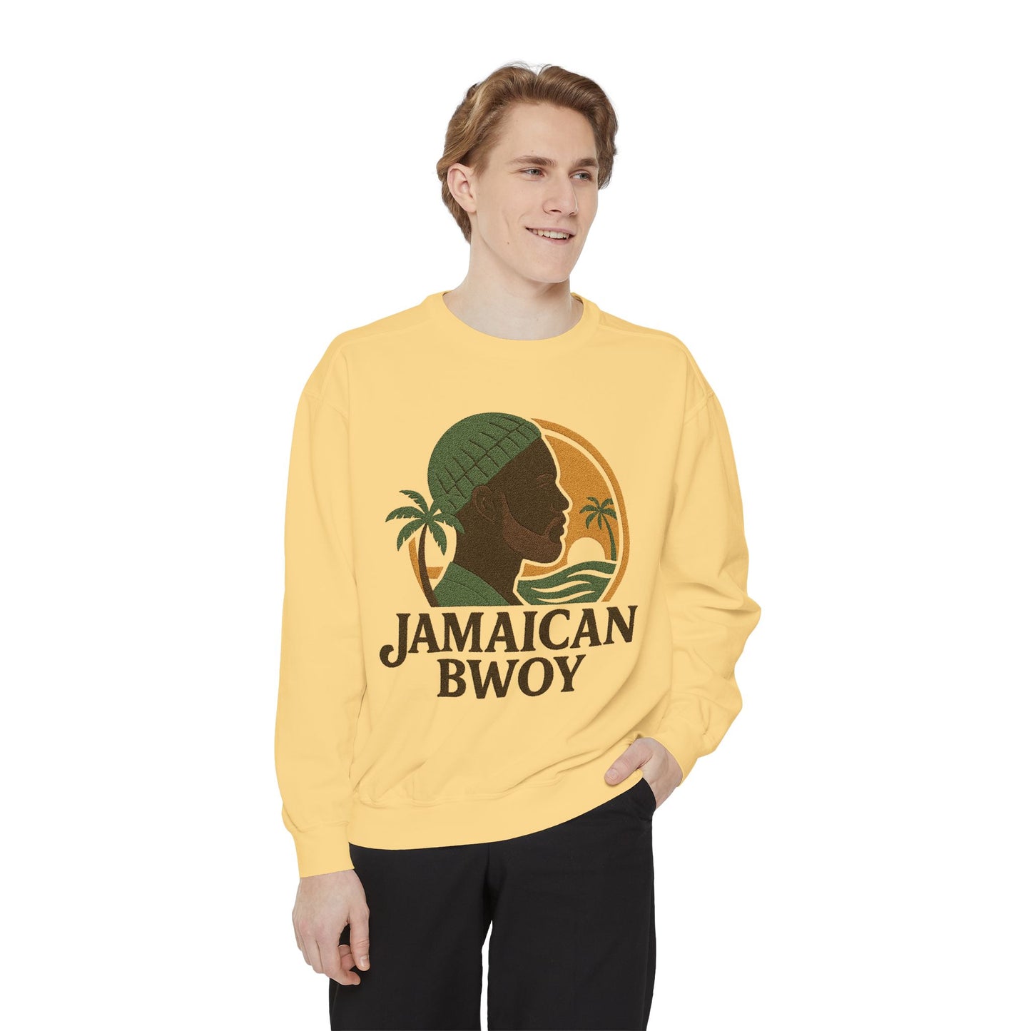 Jamaican Bwoy Sweatshirt, Cozy Unisex Pullover, Streetwear Style, Perfect Gift for Reggae Lovers, Summer Vibes Apparel, Gift for Him/Her