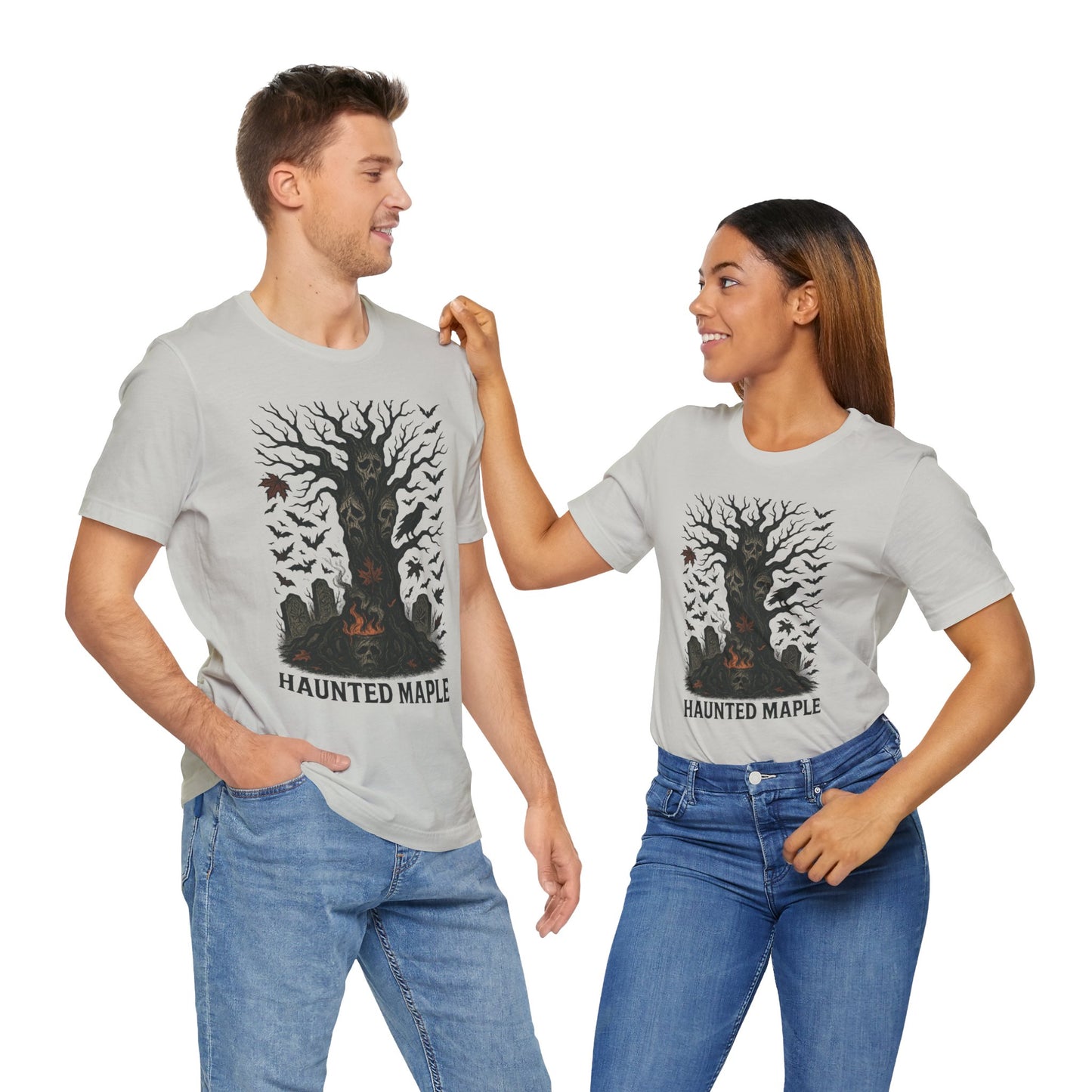 Haunted Maple Tee - Unisex Jersey Short Sleeve T-Shirt for Fall, Halloween, Spooky Vibe, Ghost Lovers, Unique Gift