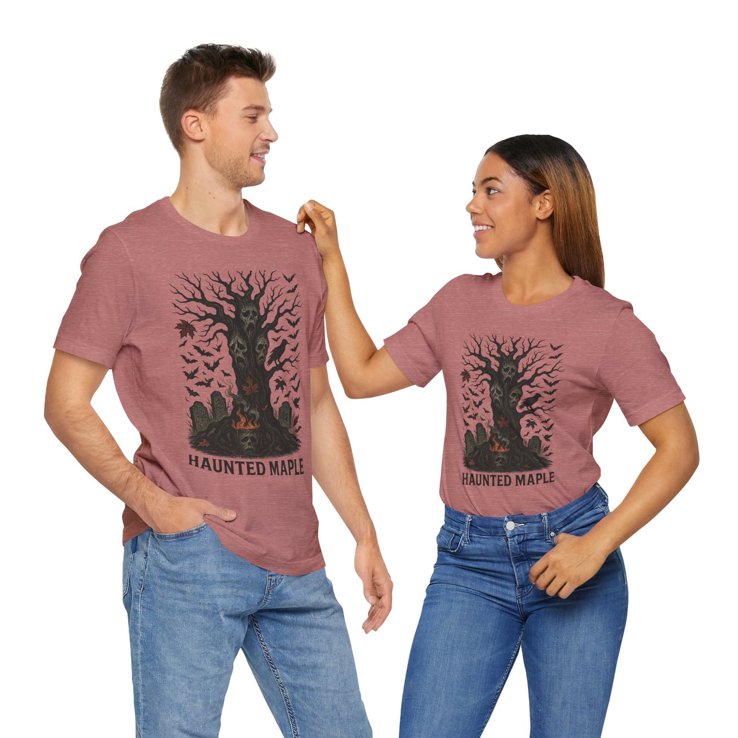 Haunted Maple Tee - Unisex Jersey Short Sleeve T-Shirt for Fall, Halloween, Spooky Vibe, Ghost Lovers, Unique Gift