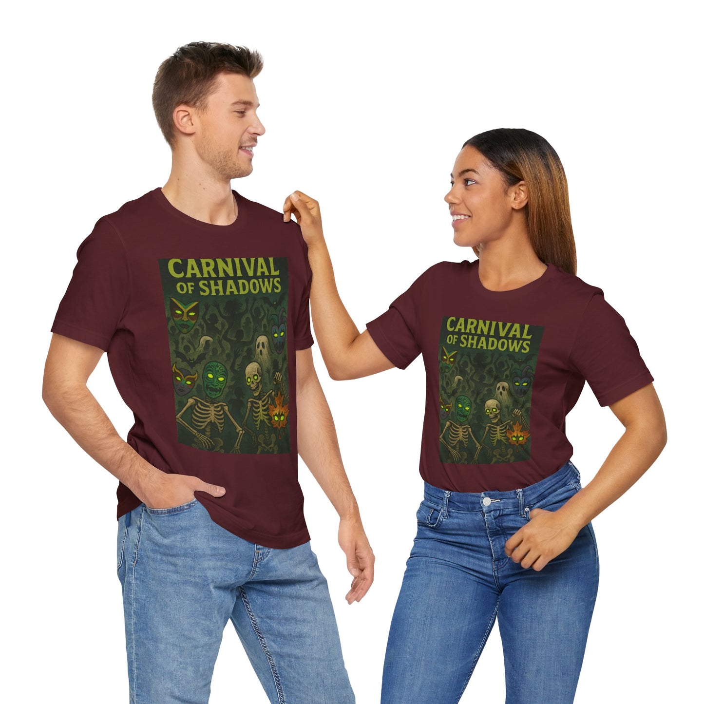 Carnival of Shadows Graphic Tee, Spooky Halloween Shirt, Unisex T-Shirt, Fun Autumn Wear, Perfect for Parties, Horror Lovers Clothing