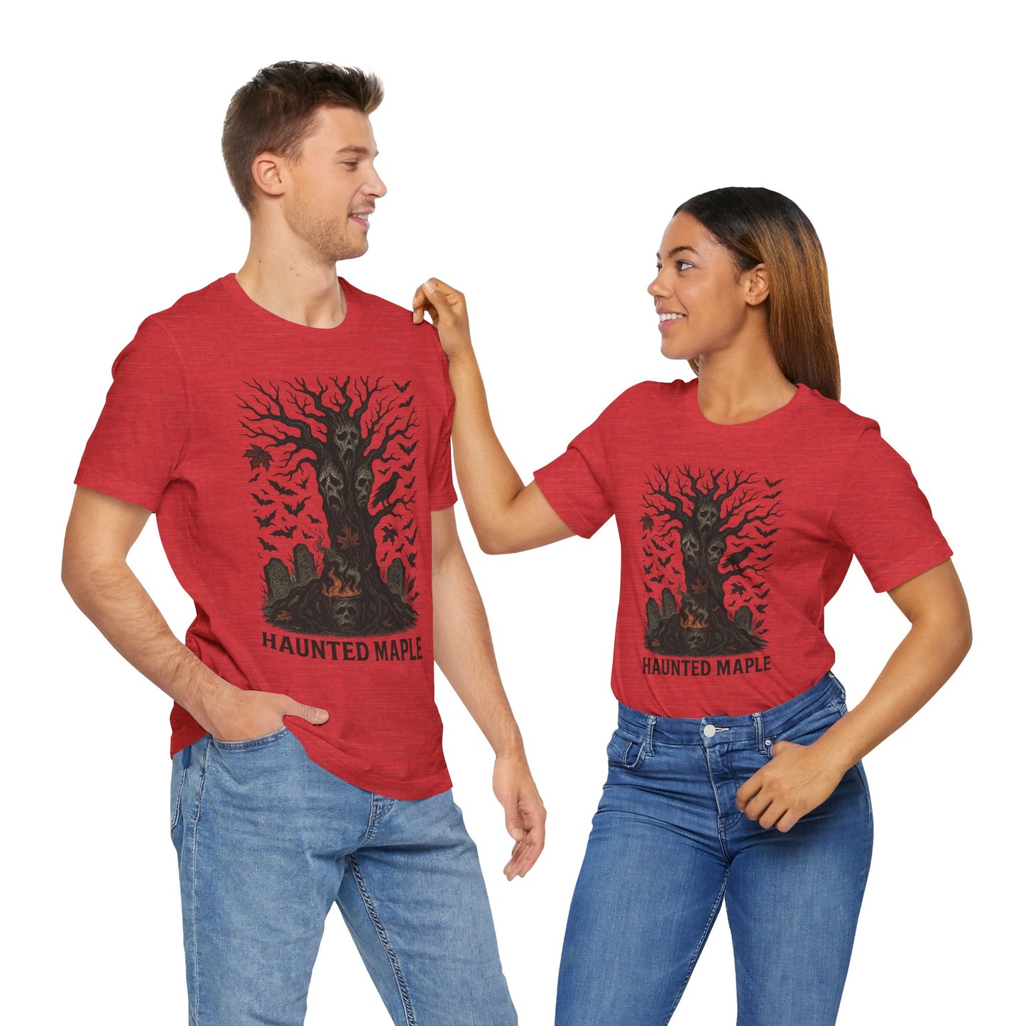 Haunted Maple Tee - Unisex Jersey Short Sleeve T-Shirt for Fall, Halloween, Spooky Vibe, Ghost Lovers, Unique Gift