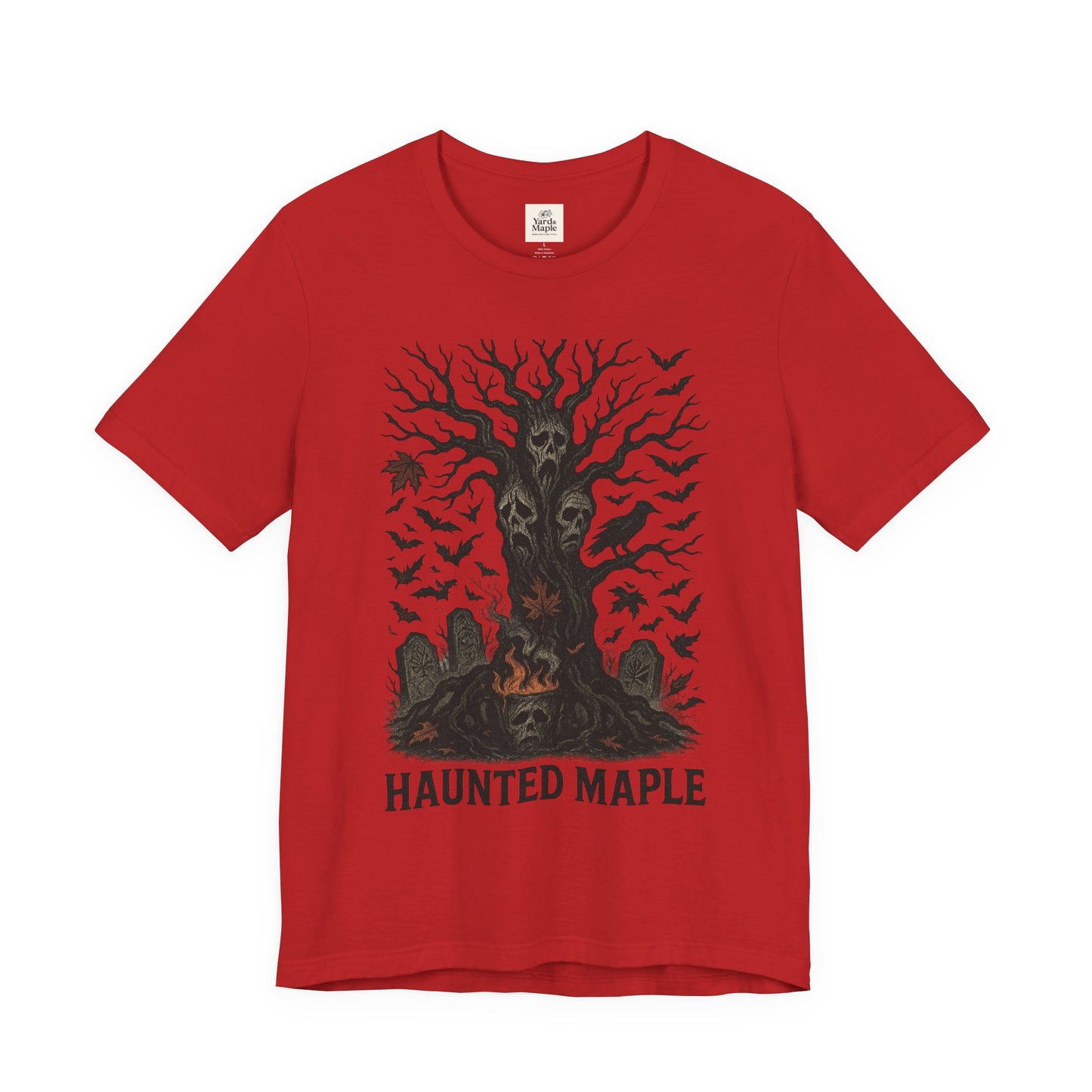 Haunted Maple Tee - Unisex Jersey Short Sleeve T-Shirt for Fall, Halloween, Spooky Vibe, Ghost Lovers, Unique Gift