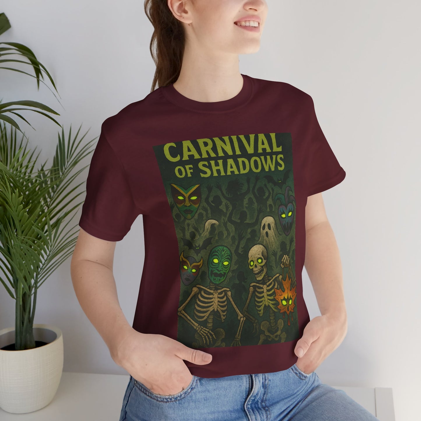 Carnival of Shadows Graphic Tee, Spooky Halloween Shirt, Unisex T-Shirt, Fun Autumn Wear, Perfect for Parties, Horror Lovers Clothing