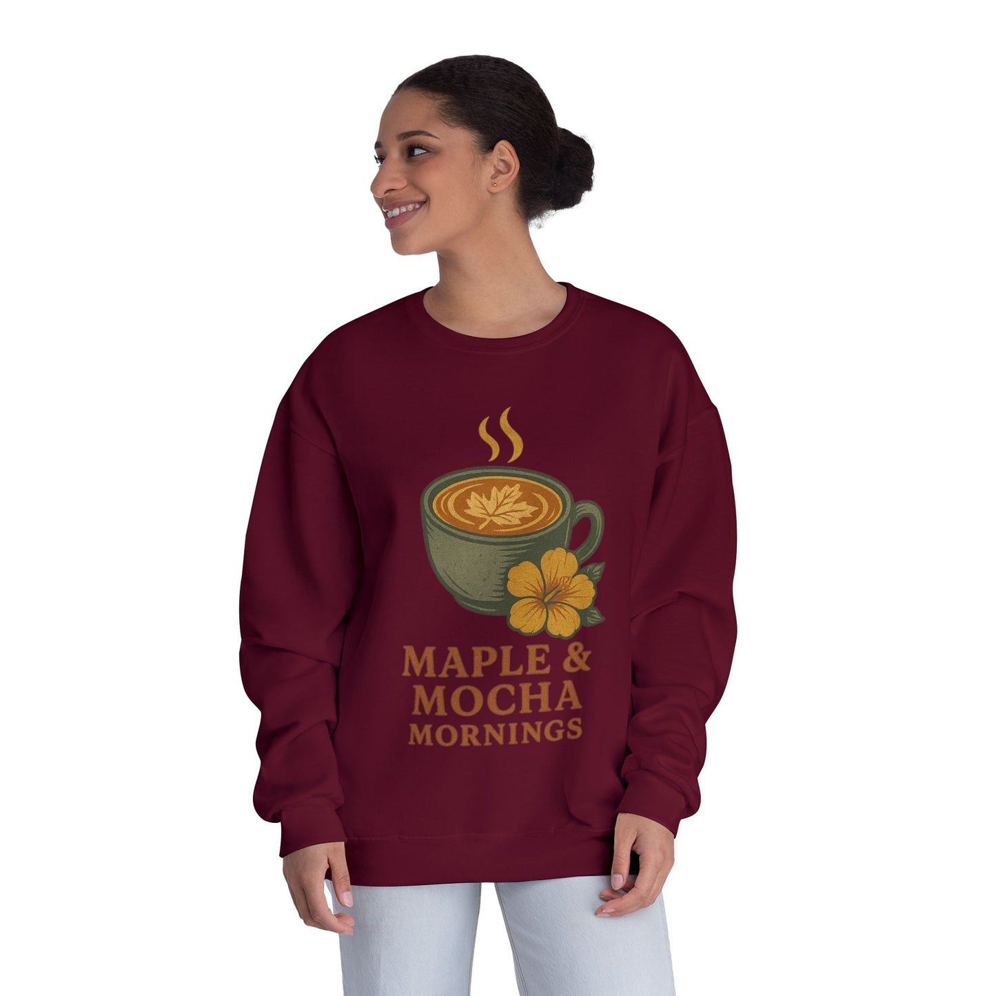 Cozy Coffee Sweatshirt - Maple & Mocha Mornings Unisex Crewneck, Warm Gift for Coffee Lovers, Casual Fall Fashion, Weekend Relaxation
