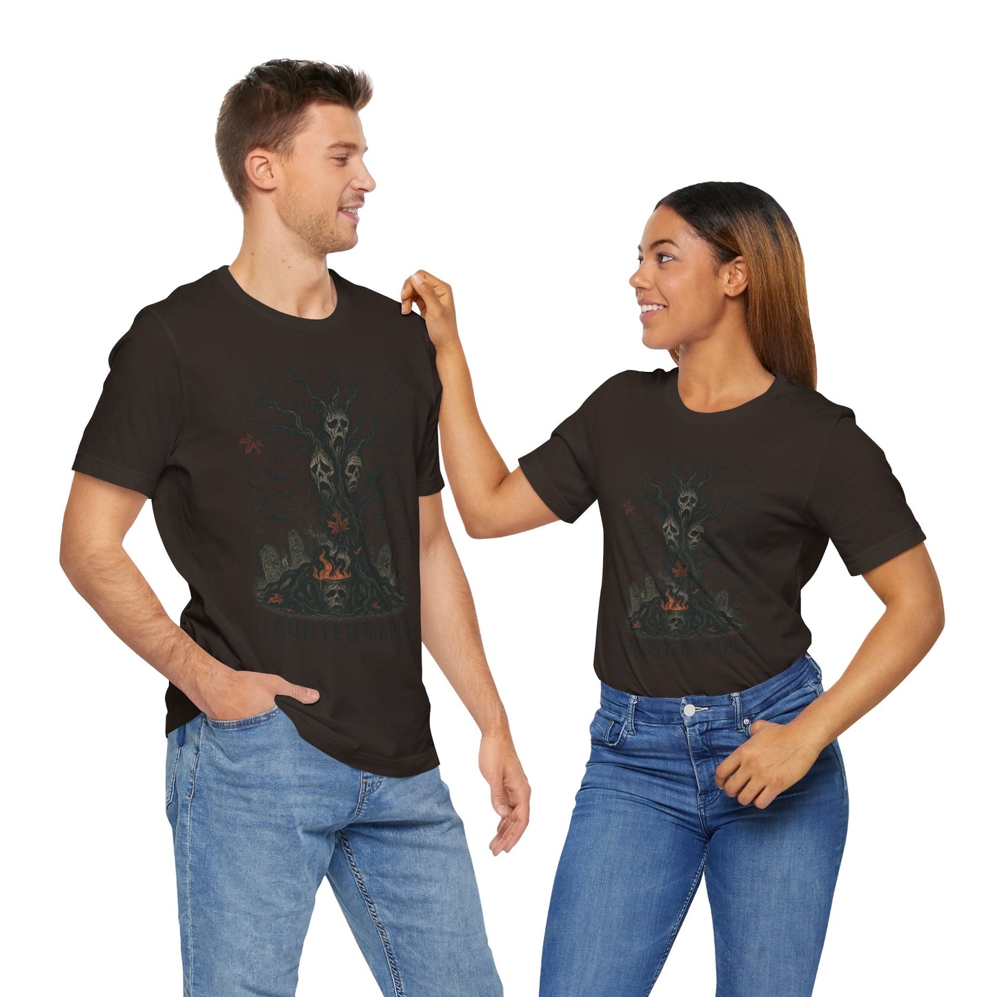 Haunted Maple Tee - Unisex Jersey Short Sleeve T-Shirt for Fall, Halloween, Spooky Vibe, Ghost Lovers, Unique Gift