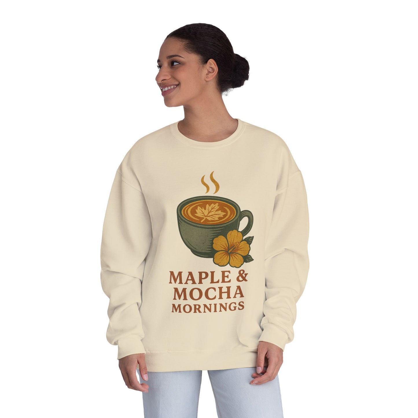 Cozy Coffee Sweatshirt - Maple & Mocha Mornings Unisex Crewneck, Warm Gift for Coffee Lovers, Casual Fall Fashion, Weekend Relaxation