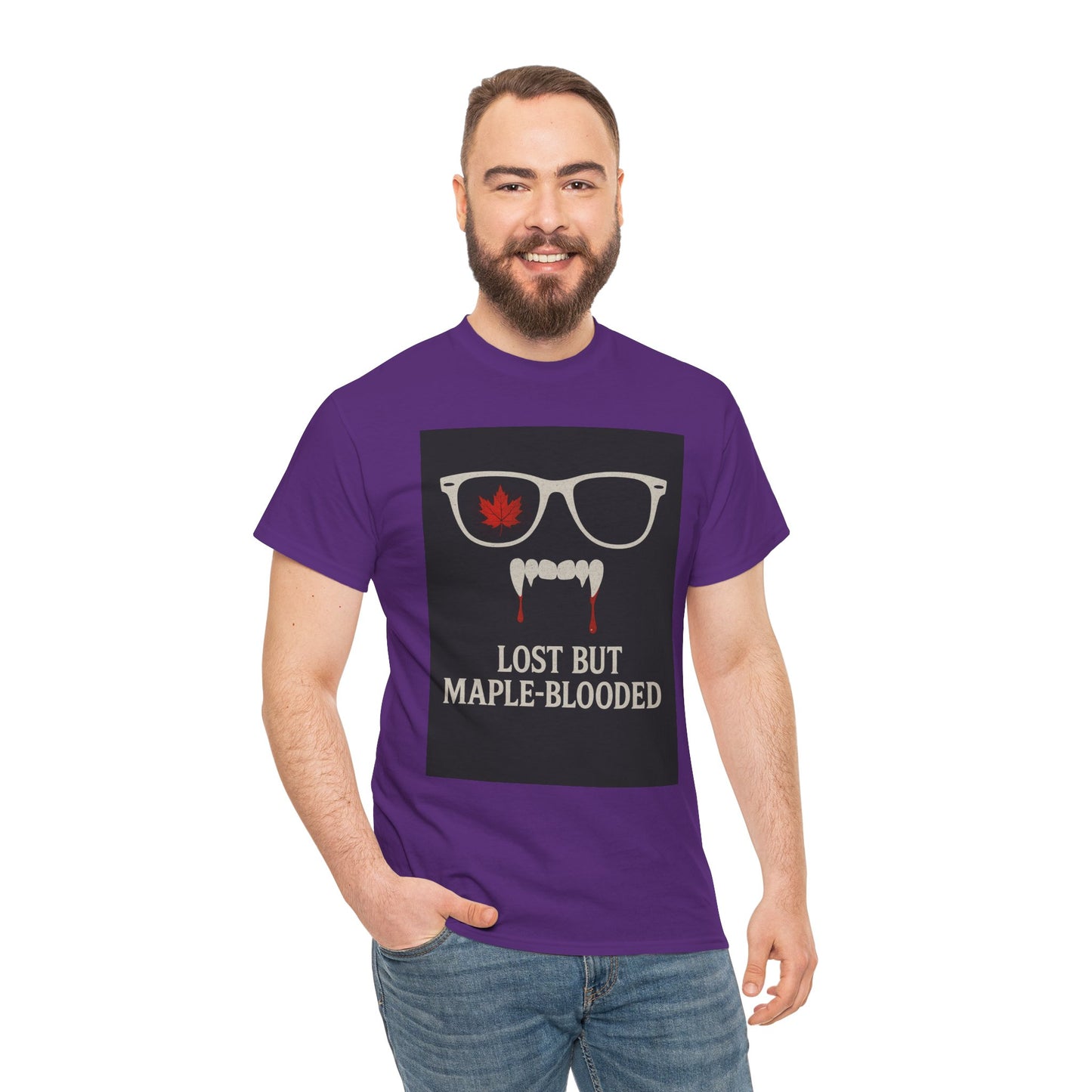 Unisex Heavy Cotton Tee with Vampire Design - Lost but Maple-Blooded Shirt for Halloween, Casual Wear, Gifts, Spooky Season, Unique Fashion