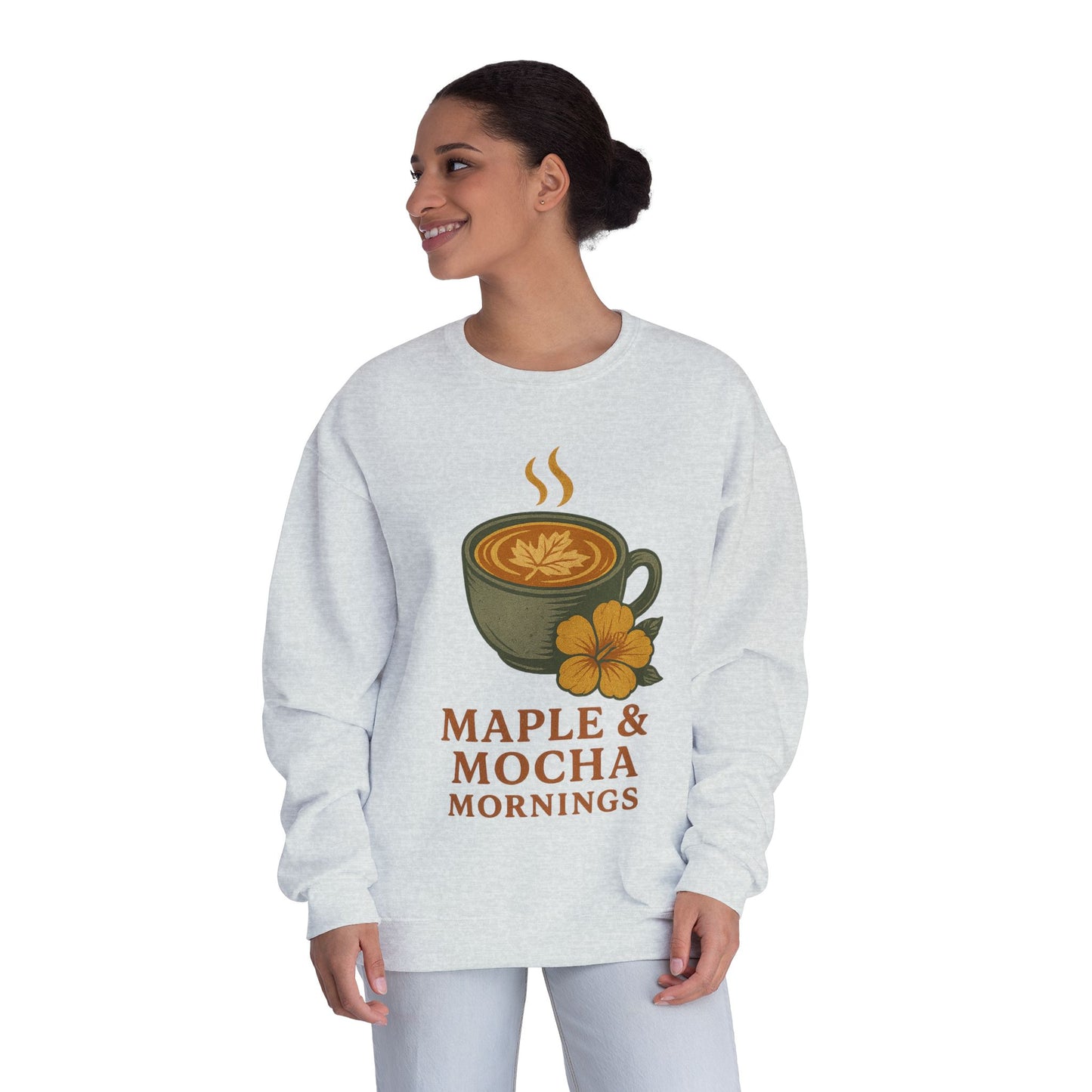 Cozy Coffee Sweatshirt - Maple & Mocha Mornings Unisex Crewneck, Warm Gift for Coffee Lovers, Casual Fall Fashion, Weekend Relaxation