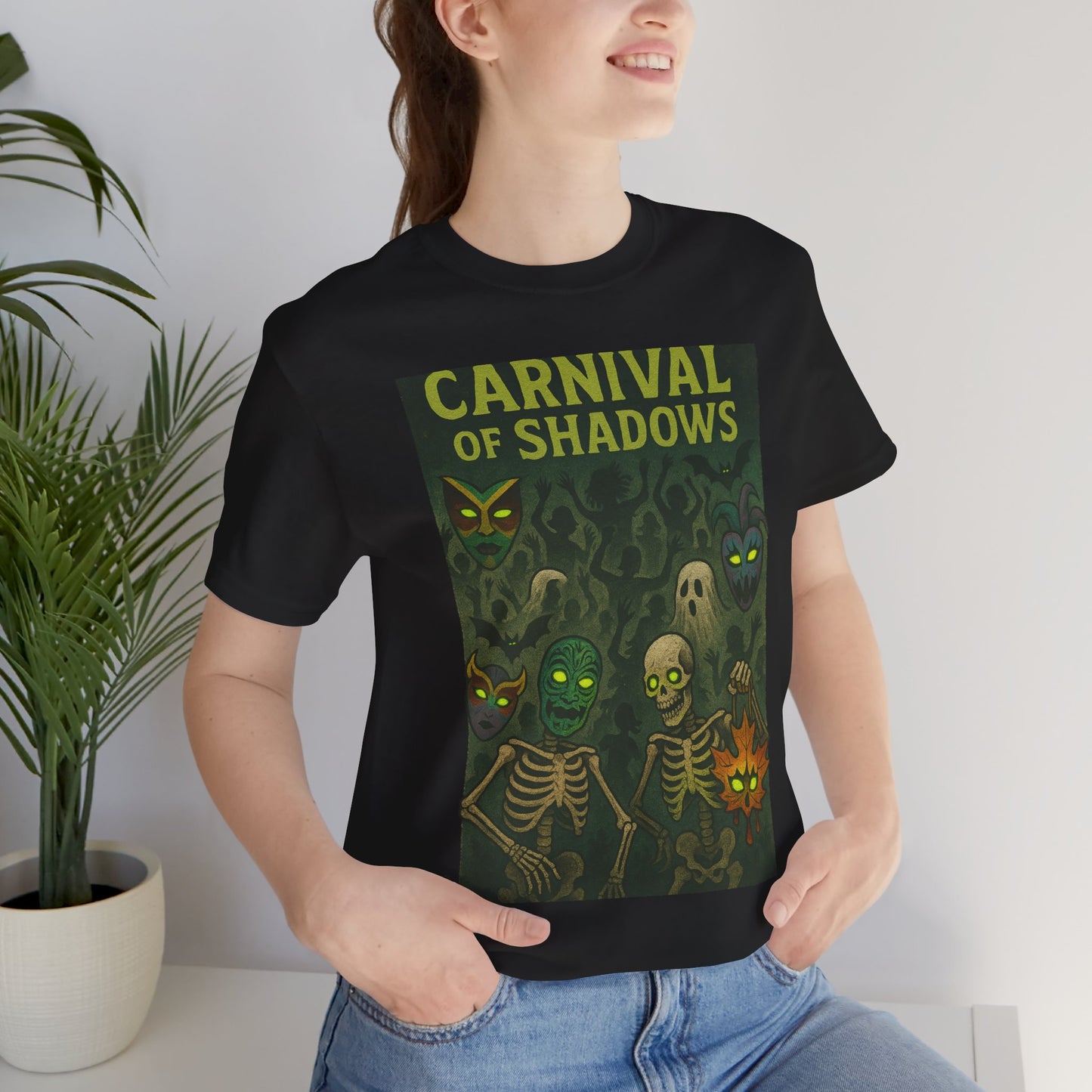 Carnival of Shadows Graphic Tee, Spooky Halloween Shirt, Unisex T-Shirt, Fun Autumn Wear, Perfect for Parties, Horror Lovers Clothing