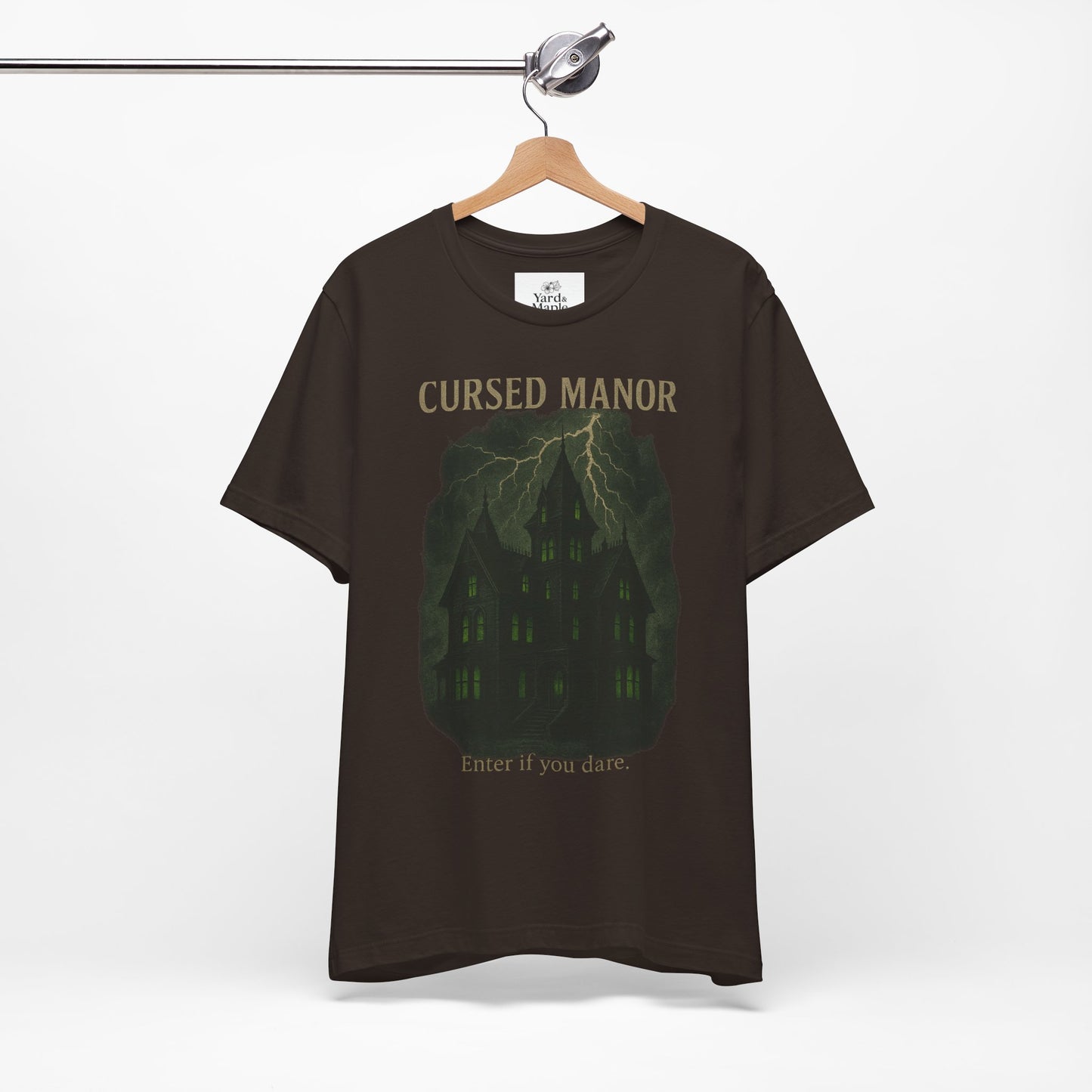 Cursed Manor Short Sleeve Tee - Spooky Halloween T-Shirt, Haunted House Theme, Casual Wear, Perfect for Horror Lovers, Gift Idea