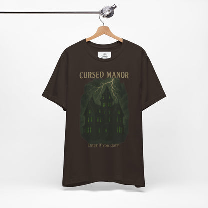 Cursed Manor Short Sleeve Tee - Spooky Halloween T-Shirt, Haunted House Theme, Casual Wear, Perfect for Horror Lovers, Gift Idea