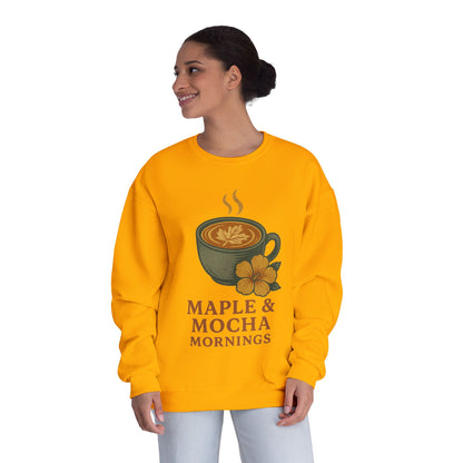 Cozy Coffee Sweatshirt - Maple & Mocha Mornings Unisex Crewneck, Warm Gift for Coffee Lovers, Casual Fall Fashion, Weekend Relaxation