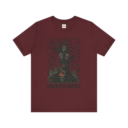 Haunted Maple Tee - Unisex Jersey Short Sleeve T-Shirt for Fall, Halloween, Spooky Vibe, Ghost Lovers, Unique Gift