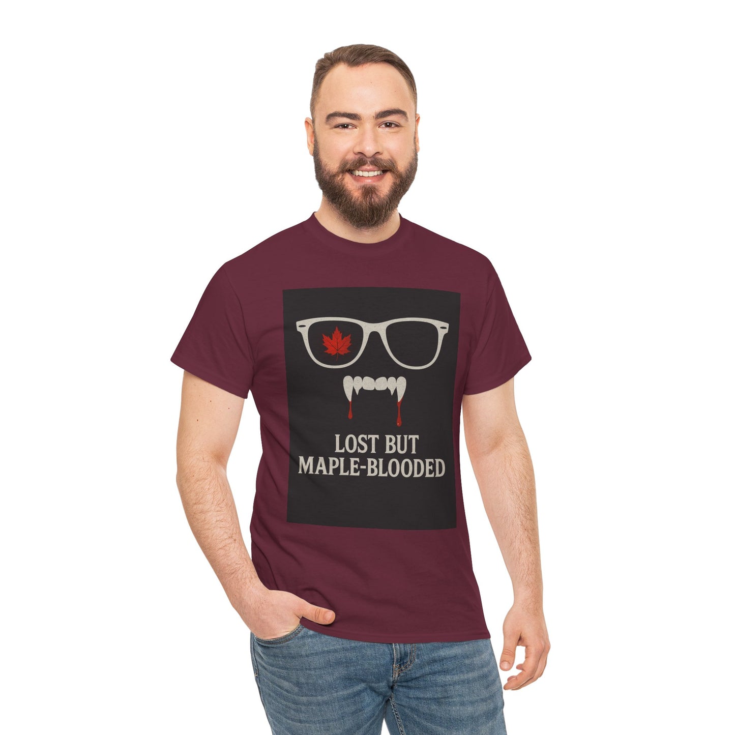 Unisex Heavy Cotton Tee with Vampire Design - Lost but Maple-Blooded Shirt for Halloween, Casual Wear, Gifts, Spooky Season, Unique Fashion