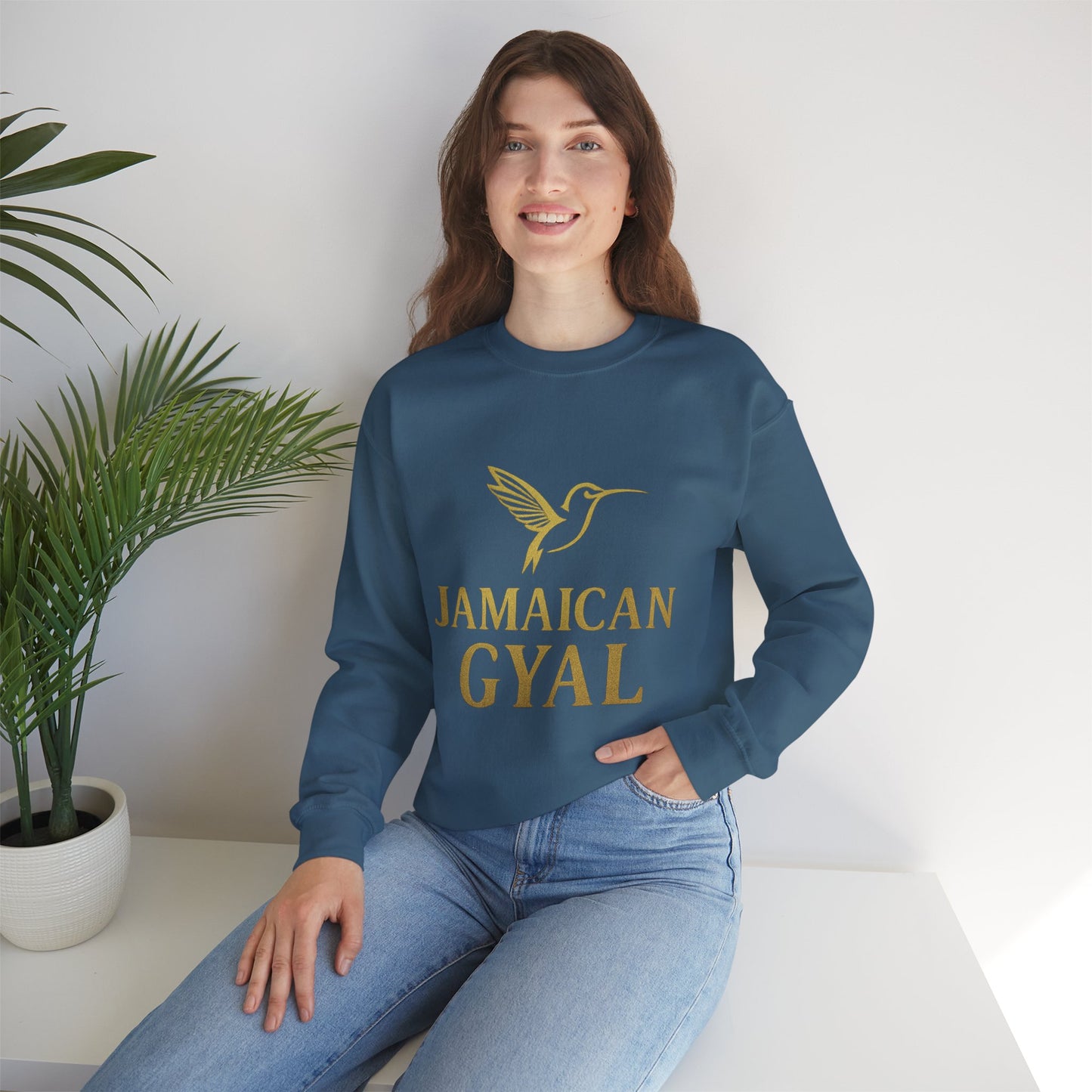 Jamaican Gyal Crewneck Sweatshirt — Gold Hummingbird Graphic