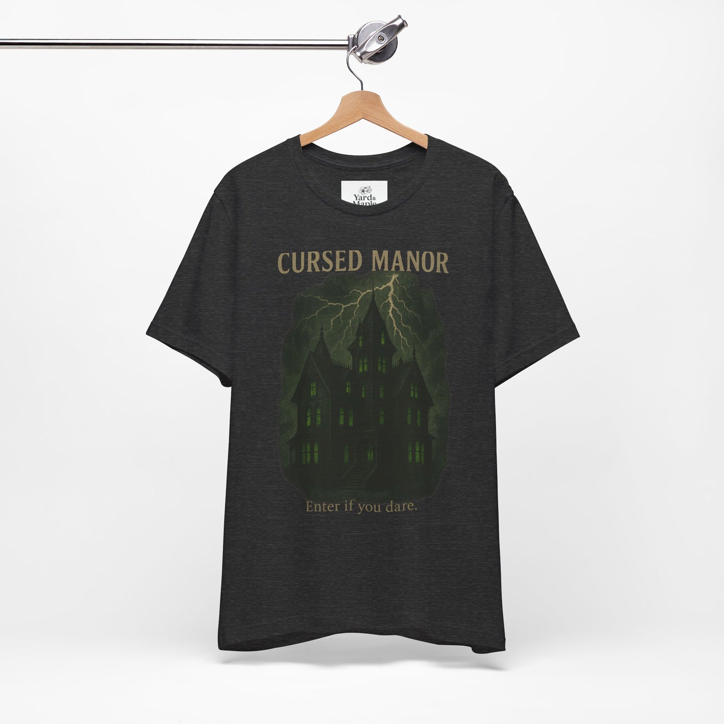 Cursed Manor Short Sleeve Tee - Spooky Halloween T-Shirt, Haunted House Theme, Casual Wear, Perfect for Horror Lovers, Gift Idea