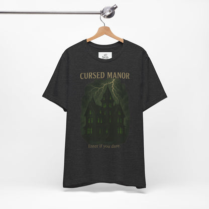 Cursed Manor Short Sleeve Tee - Spooky Halloween T-Shirt, Haunted House Theme, Casual Wear, Perfect for Horror Lovers, Gift Idea
