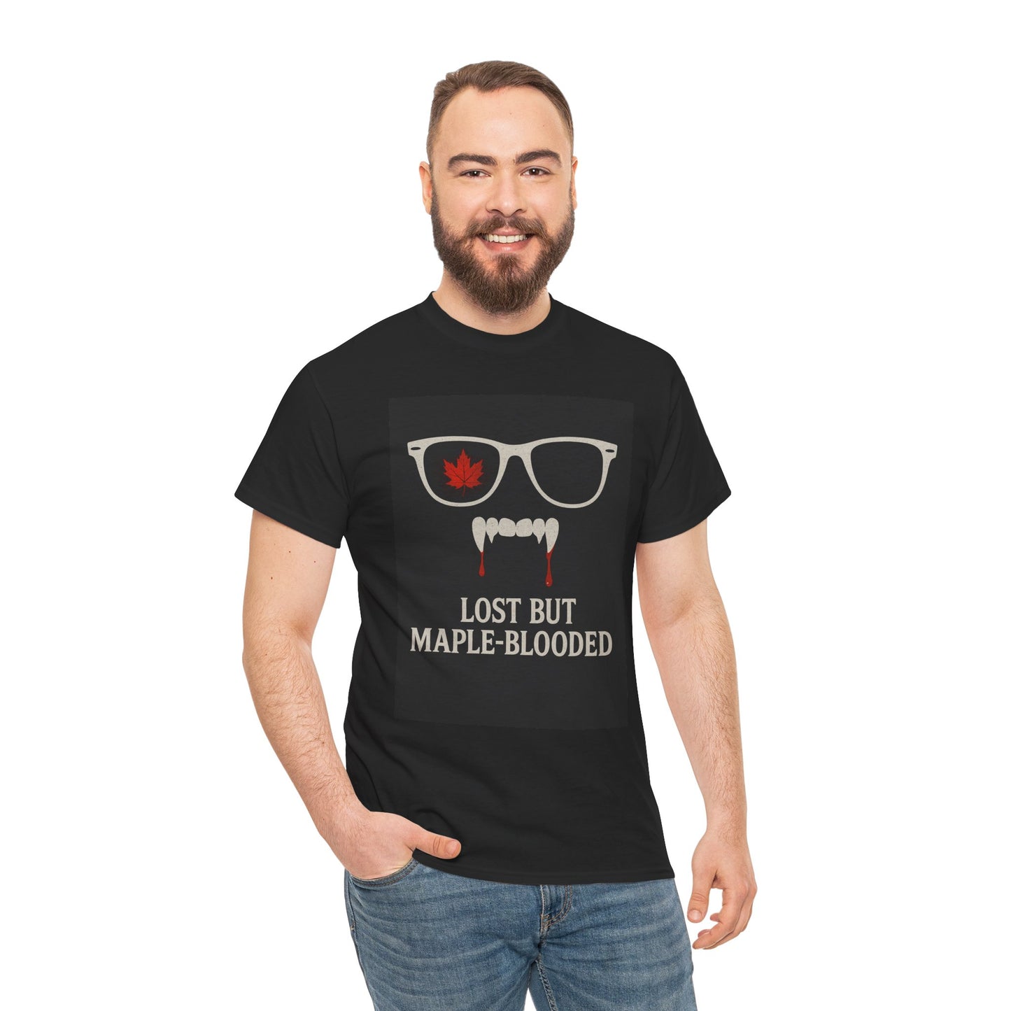 Unisex Heavy Cotton Tee with Vampire Design - Lost but Maple-Blooded Shirt for Halloween, Casual Wear, Gifts, Spooky Season, Unique Fashion