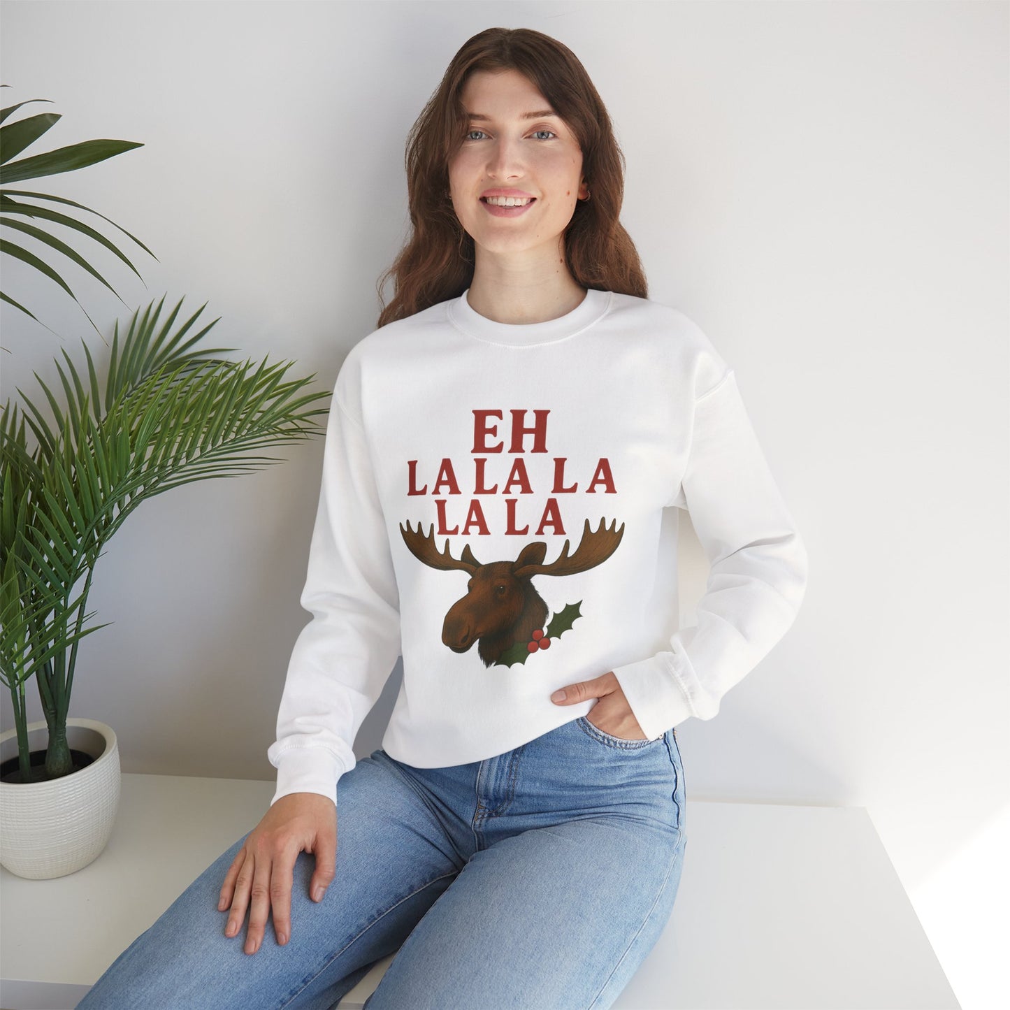 Festive Moose Sweatshirt with 'Eh La La La La La' Design, Cozy Holiday Apparel, Perfect for Christmas, Winter Parties, Gift Idea
