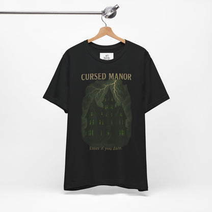 Cursed Manor Short Sleeve Tee - Spooky Halloween T-Shirt, Haunted House Theme, Casual Wear, Perfect for Horror Lovers, Gift Idea
