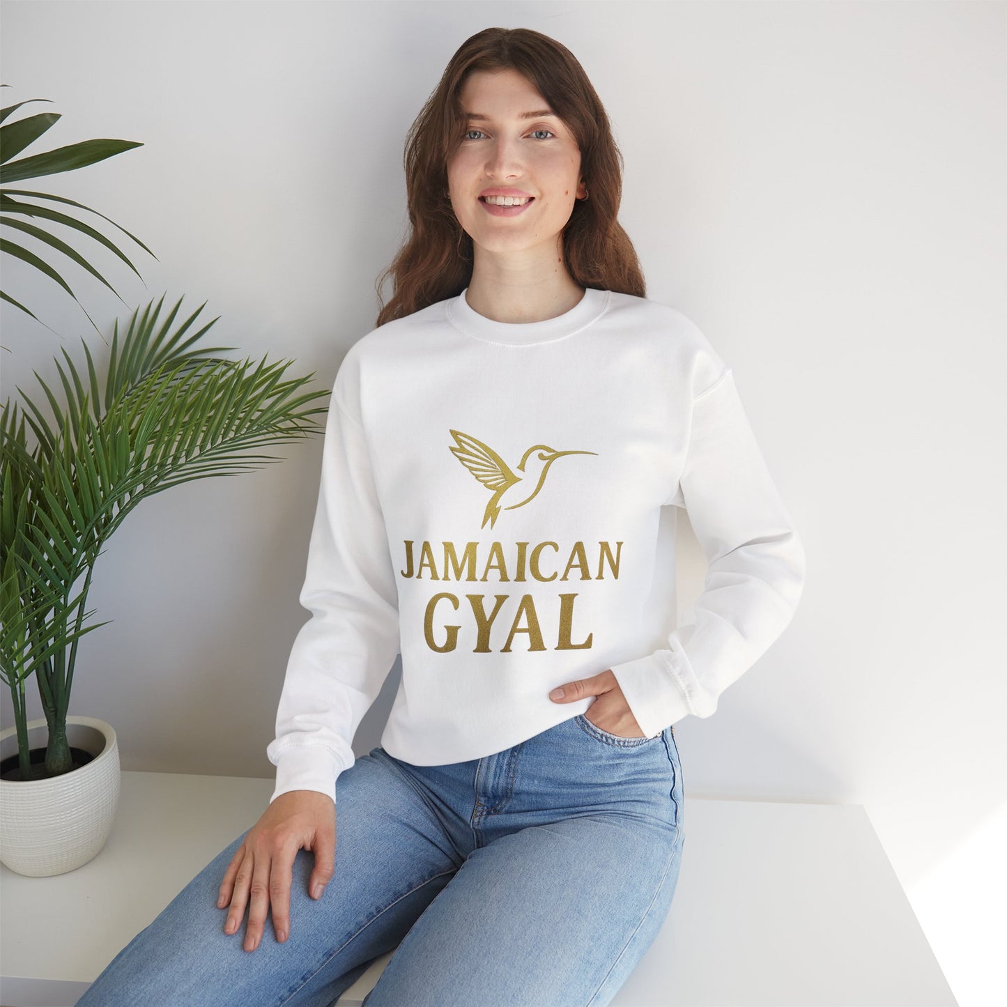 Jamaican Gyal Crewneck Sweatshirt — Gold Hummingbird Graphic
