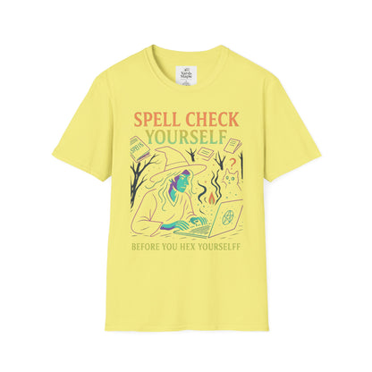 Spell Check Yourself Graphic Tee, Unisex Witch T-Shirt, Halloween Humor Top, Casual Witchy Apparel, Perfect for Spell Lovers