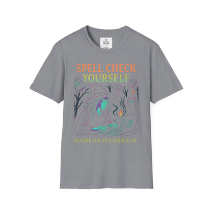 Spell Check Yourself Graphic Tee, Unisex Witch T-Shirt, Halloween Humor Top, Casual Witchy Apparel, Perfect for Spell Lovers