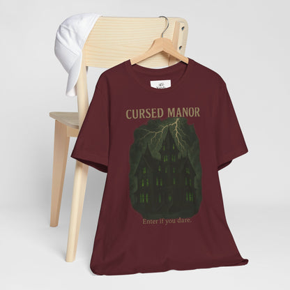 Cursed Manor Short Sleeve Tee - Spooky Halloween T-Shirt, Haunted House Theme, Casual Wear, Perfect for Horror Lovers, Gift Idea