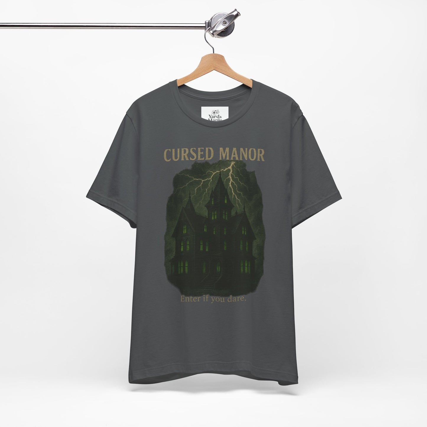 Cursed Manor Short Sleeve Tee - Spooky Halloween T-Shirt, Haunted House Theme, Casual Wear, Perfect for Horror Lovers, Gift Idea