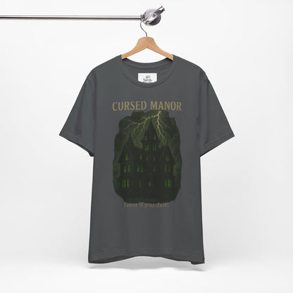 Cursed Manor Short Sleeve Tee - Spooky Halloween T-Shirt, Haunted House Theme, Casual Wear, Perfect for Horror Lovers, Gift Idea