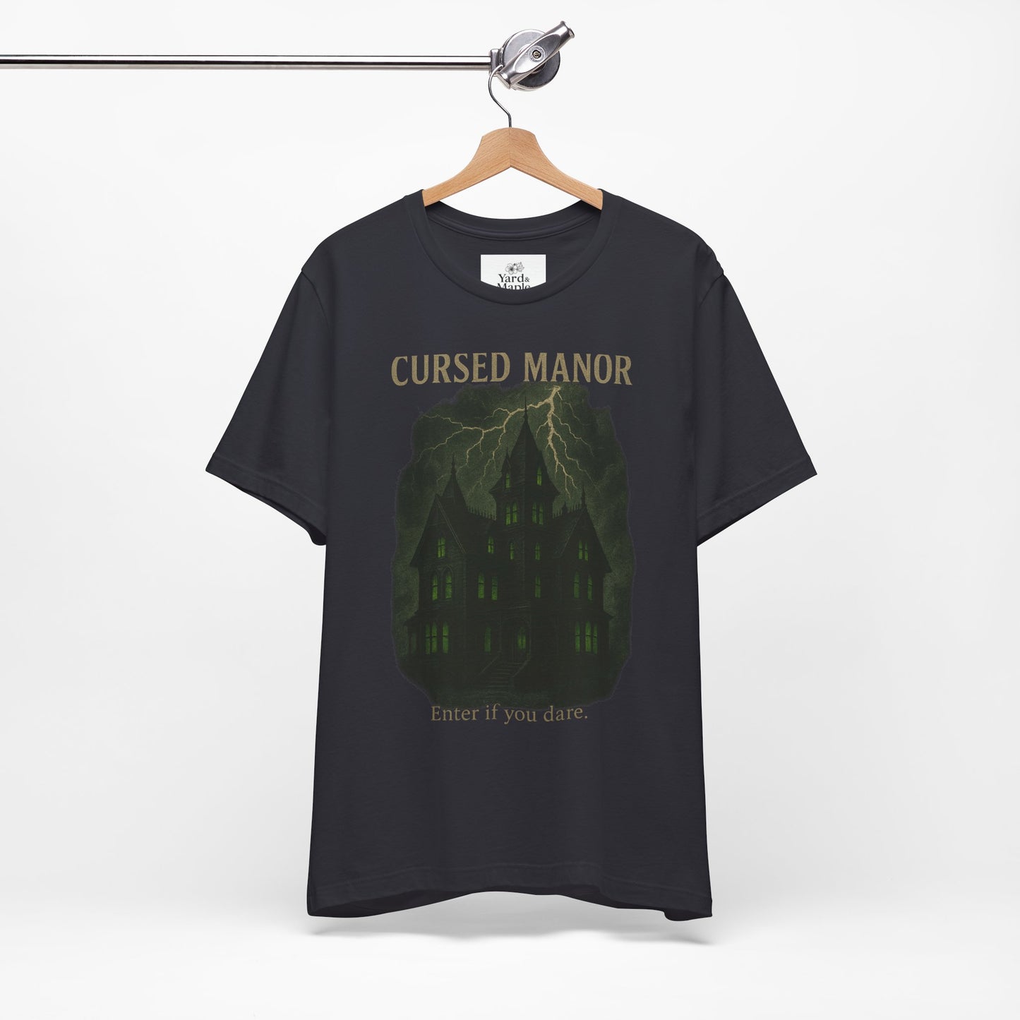 Cursed Manor Short Sleeve Tee - Spooky Halloween T-Shirt, Haunted House Theme, Casual Wear, Perfect for Horror Lovers, Gift Idea