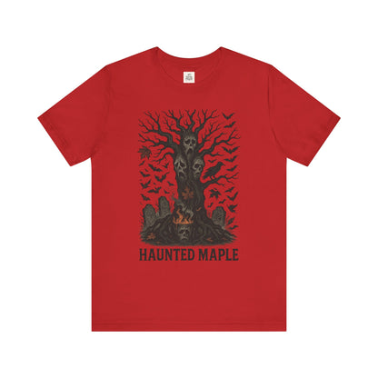 Haunted Maple Tee - Unisex Jersey Short Sleeve T-Shirt for Fall, Halloween, Spooky Vibe, Ghost Lovers, Unique Gift